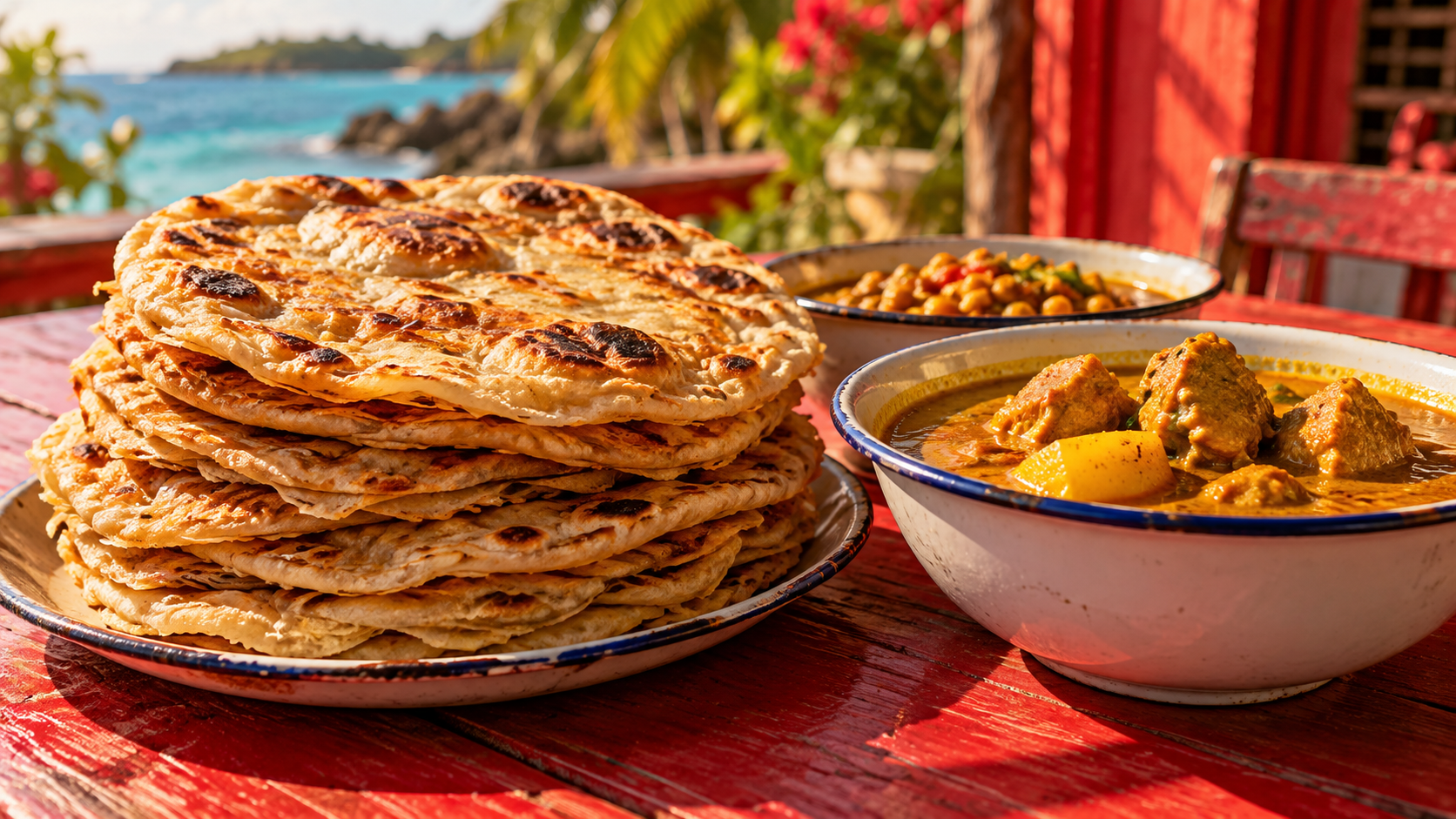 Illustrative still life of stacked roti and bowls of curry on a red table