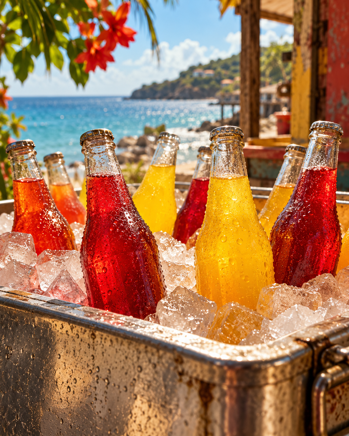 Illustrative still life of unlabeled glass soda bottles in a metal ice chest